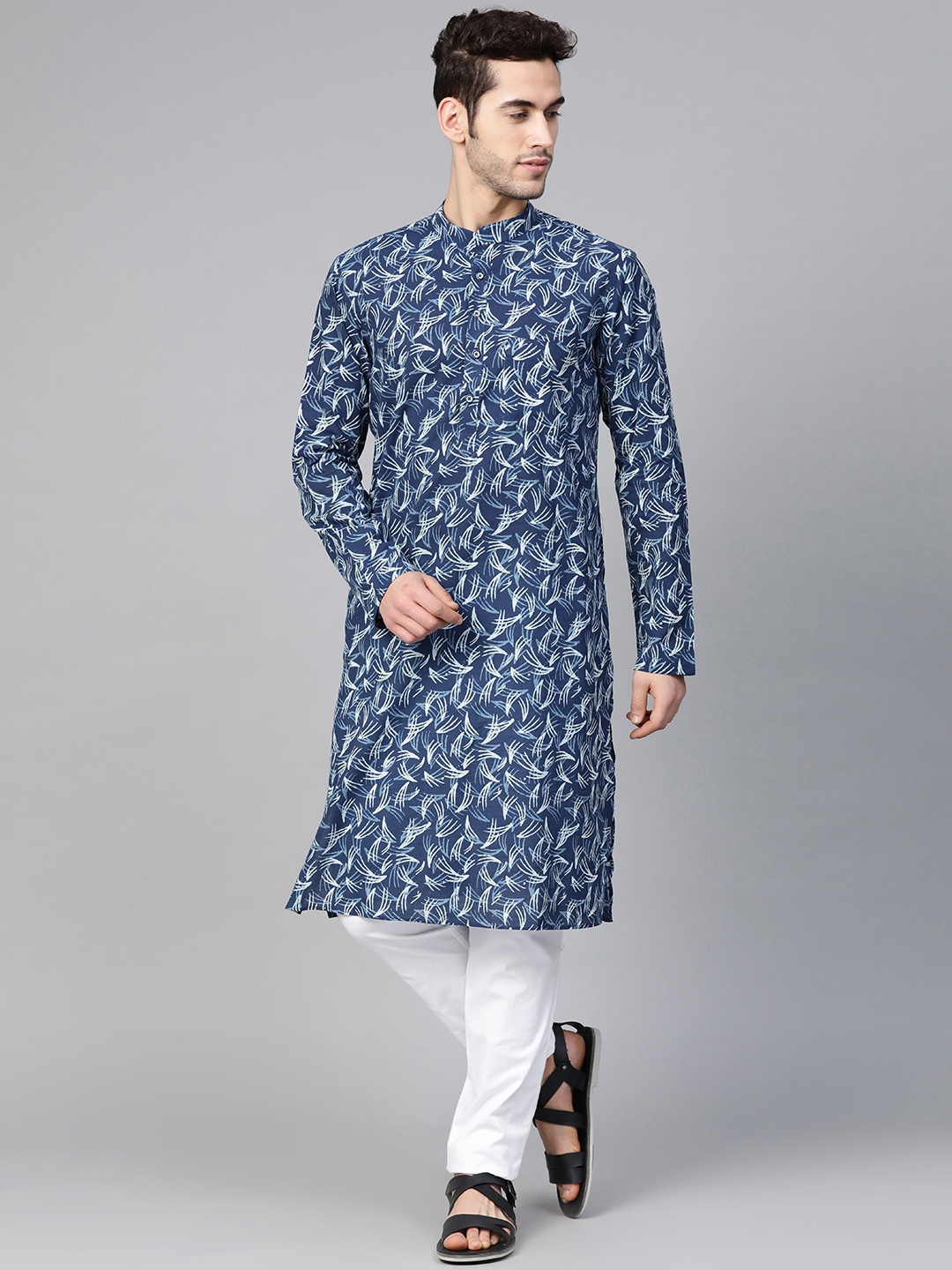 

See Designs Men Navy & White Hand Block Printed Sustainable Handloom Kurta with Pyjamas, Navy blue