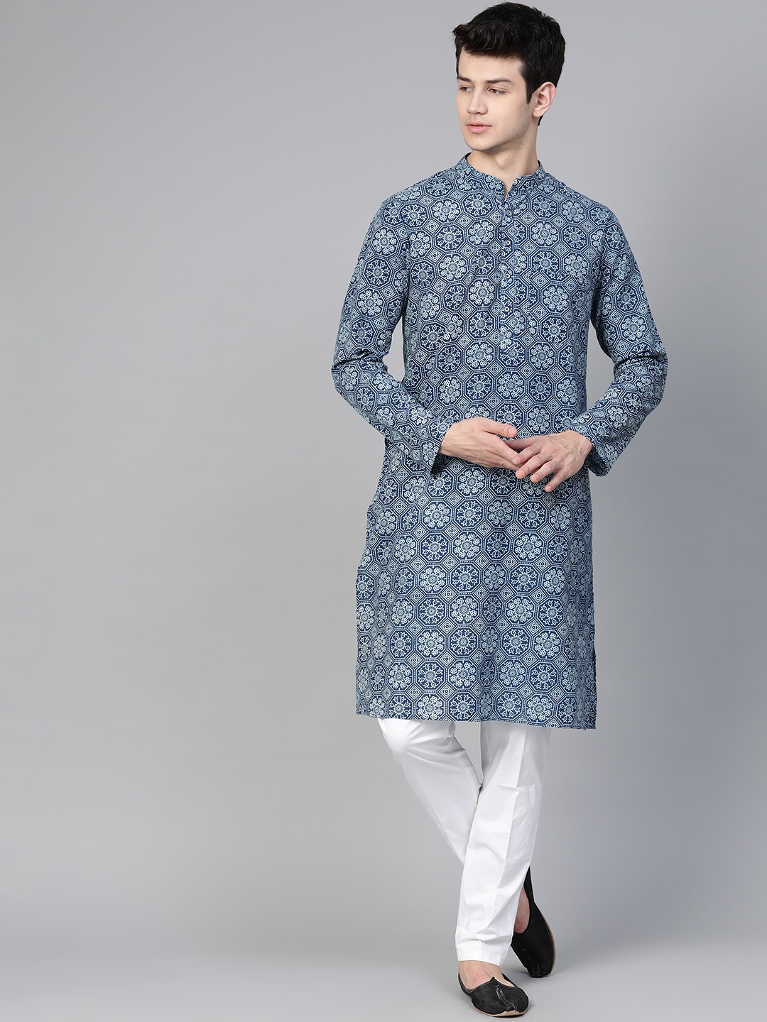 

See Designs Men Navy Blue & White Handloom Handblock Print Sustainable Straight Kurta