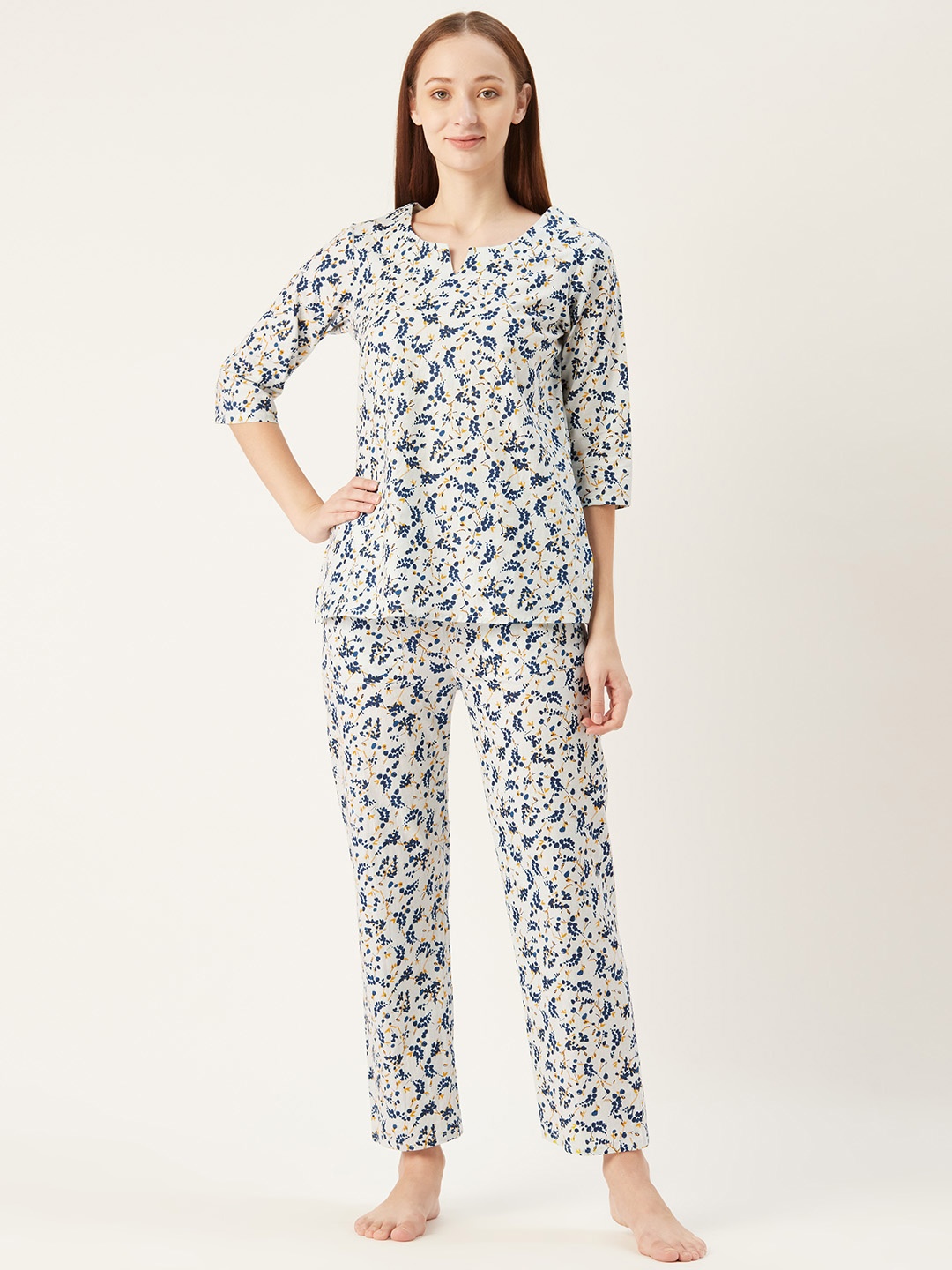 

MABISH by Sonal Jain Women Blue & Yellow Floral Print Night suit, White