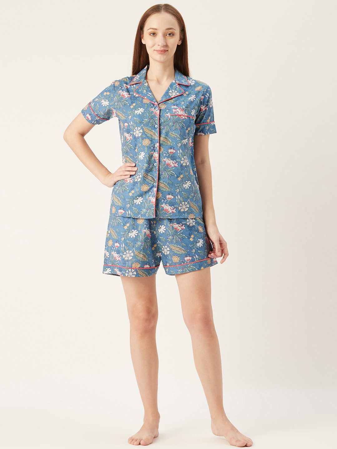 

MABISH by Sonal Jain Women Blue & White Floral Print Night suit