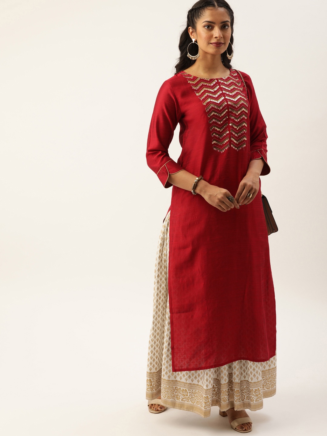 

Varanga Women Maroon & Off-White Yoke Design Kurta with Skirt