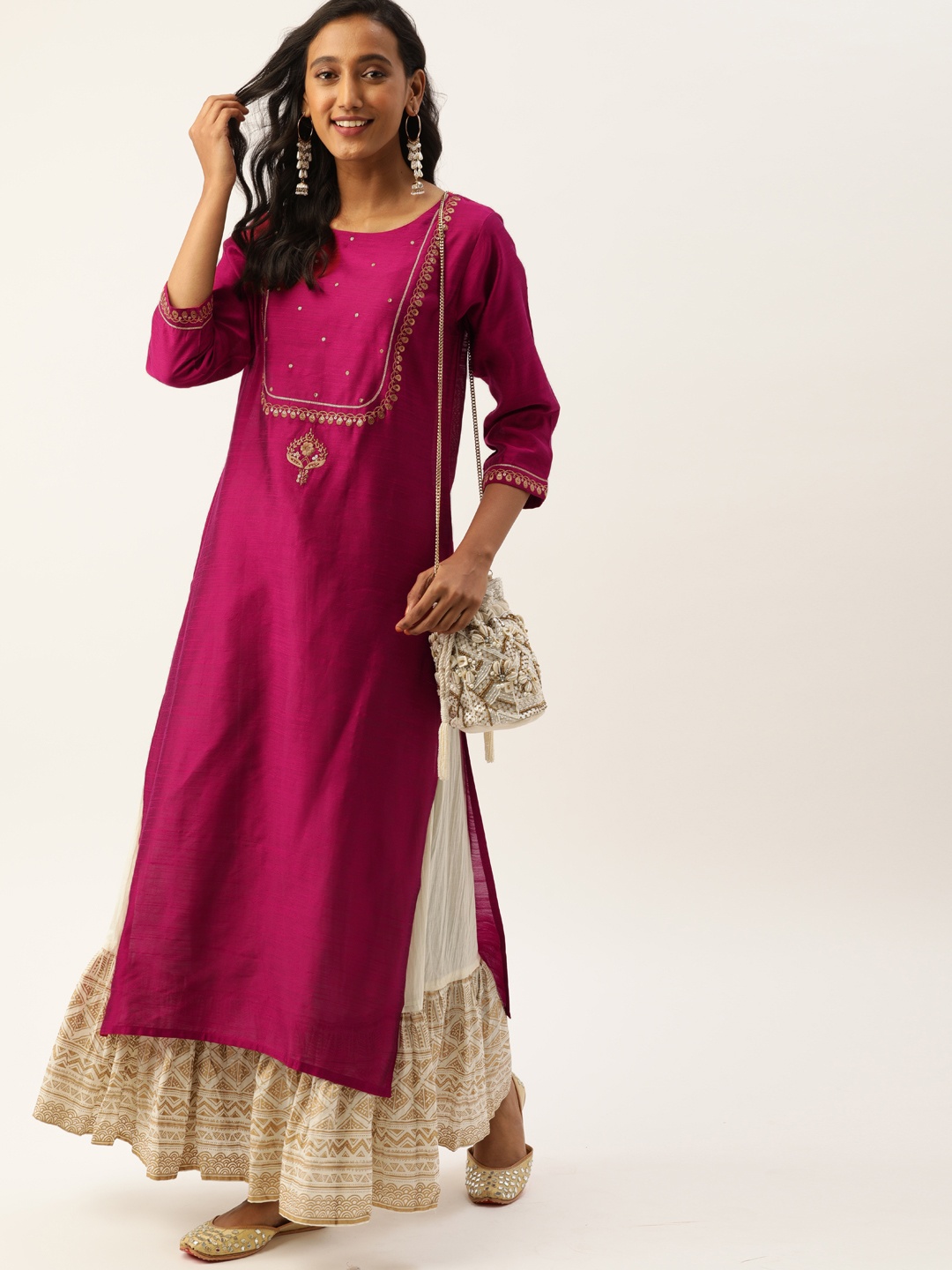 

Varanga Women Magenta Pink & Off-White Yoke Design Kurta with Skirt