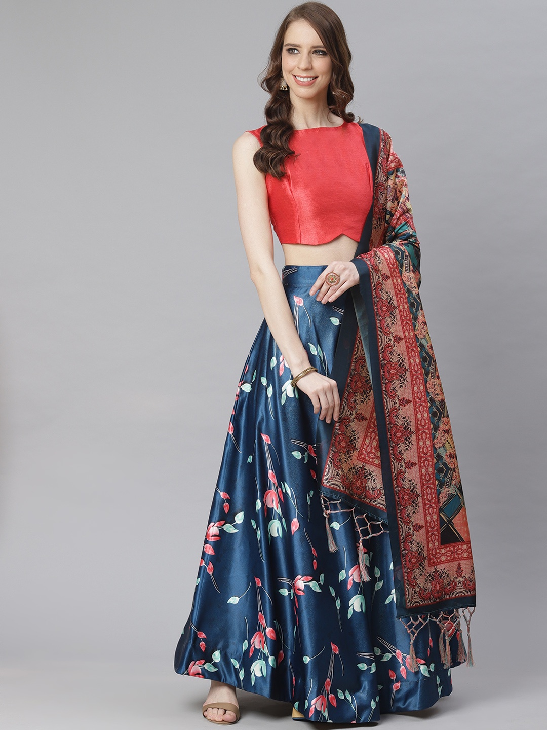 

KSUT Teal Blue & Pink Floral Print Unstitched Lehenga & Blouse with Dupatta