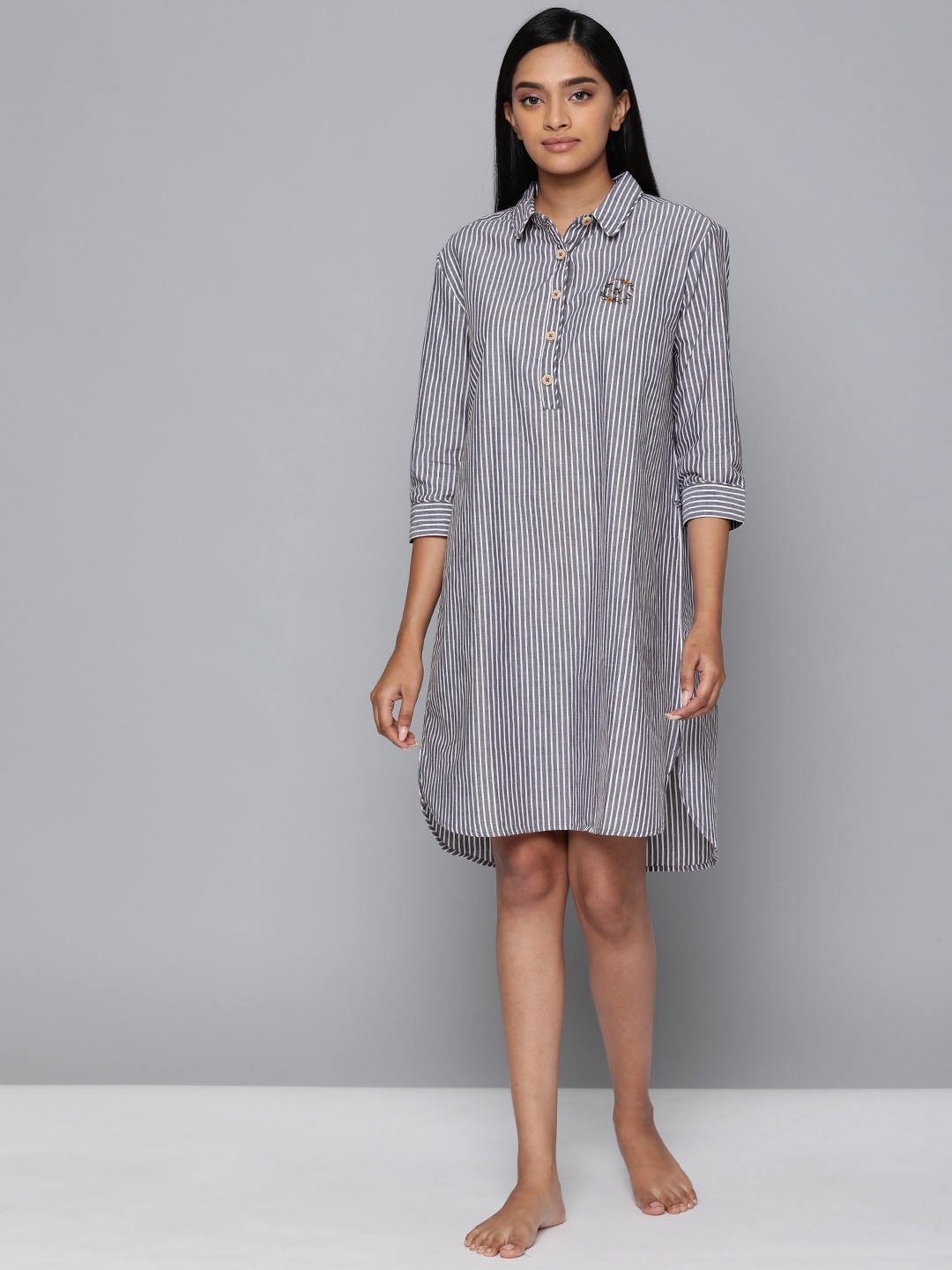 

Chemistry Grey & White Striped Pure Cotton Sleep Shirt