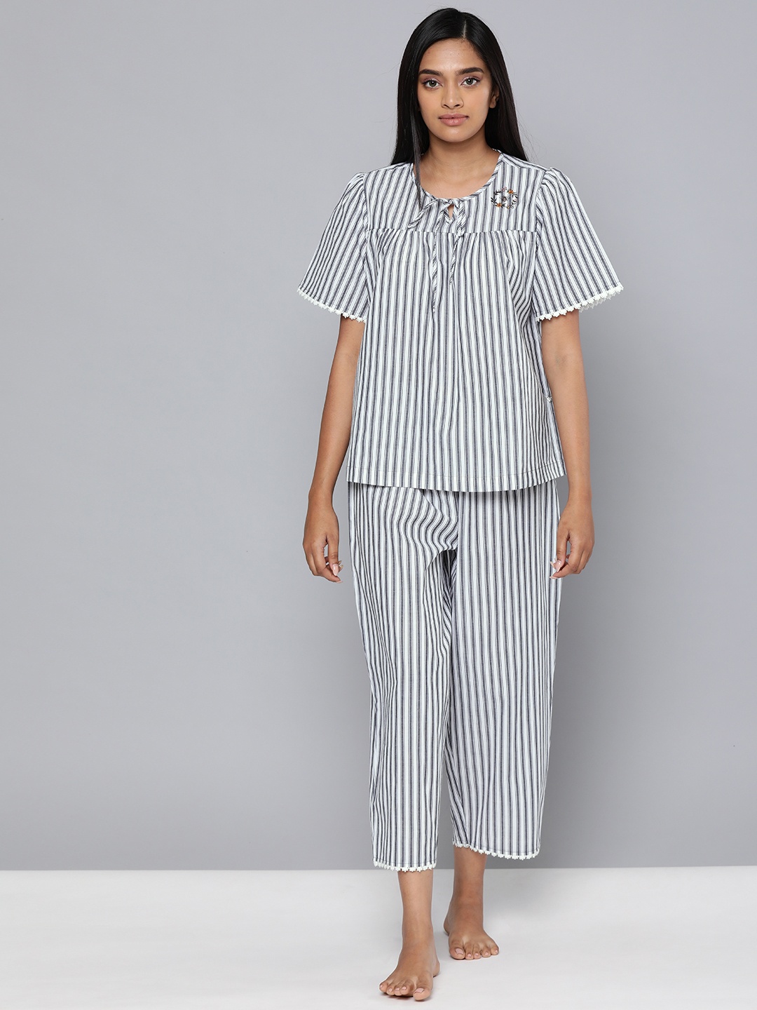 

Chemistry Women Grey & White Striped Night suit