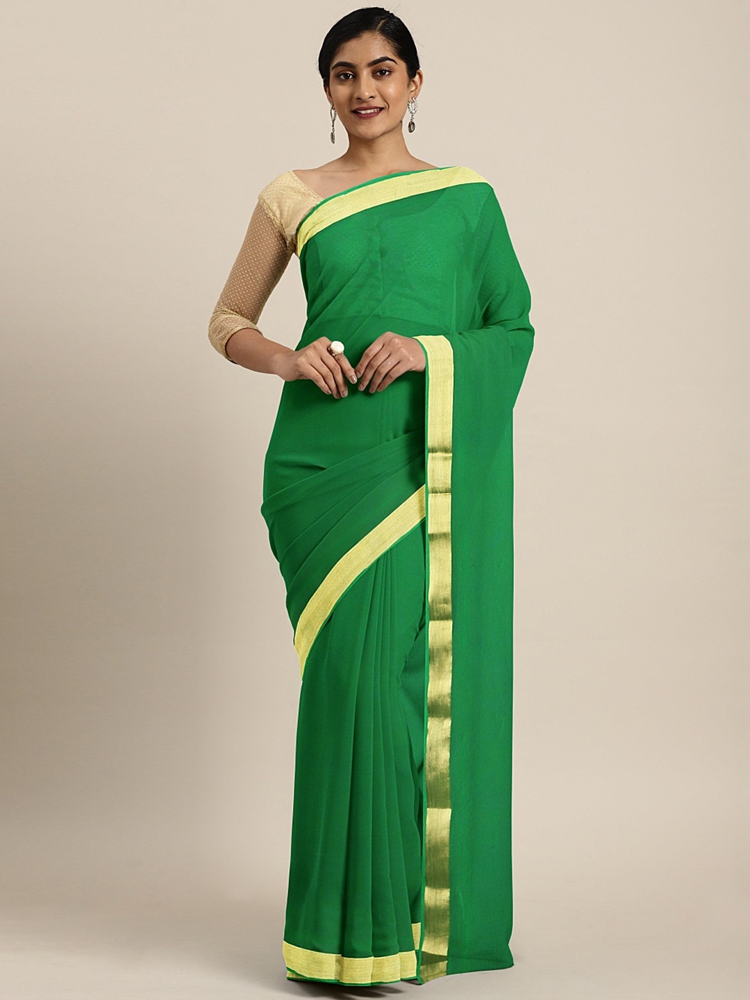

KALINI Green & Gold-Toned Poly Chiffon Solid Banarasi Saree