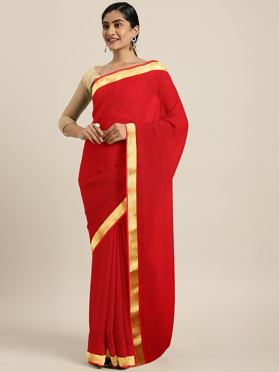 

KALINI Red Poly Chiffon Solid Dharmavaram Saree