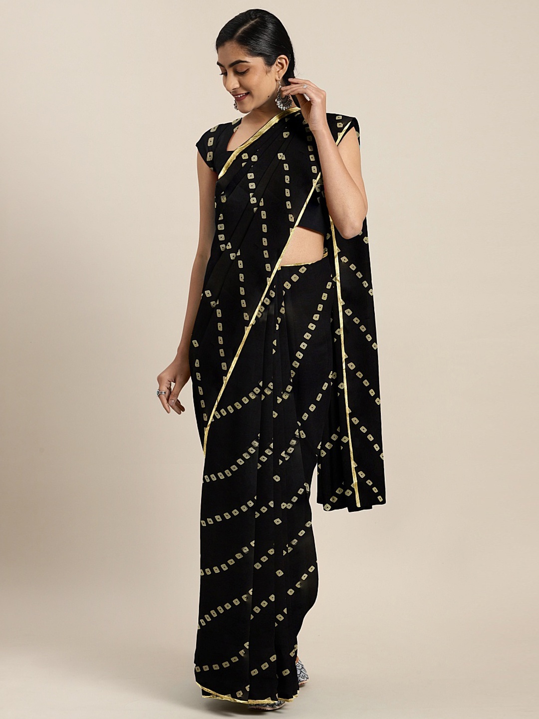 

KALINI Black & Beige Poly Chiffon Printed Bandhani Saree