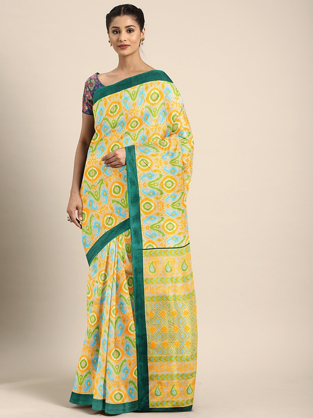 

KALINI Yellow & Green Silk Blend Printed Saree