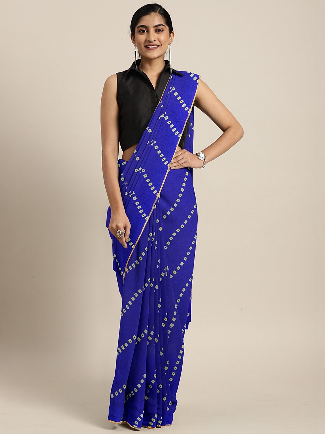 

KALINI Blue & Off-White Poly Chiffon Printed Bandhani Saree