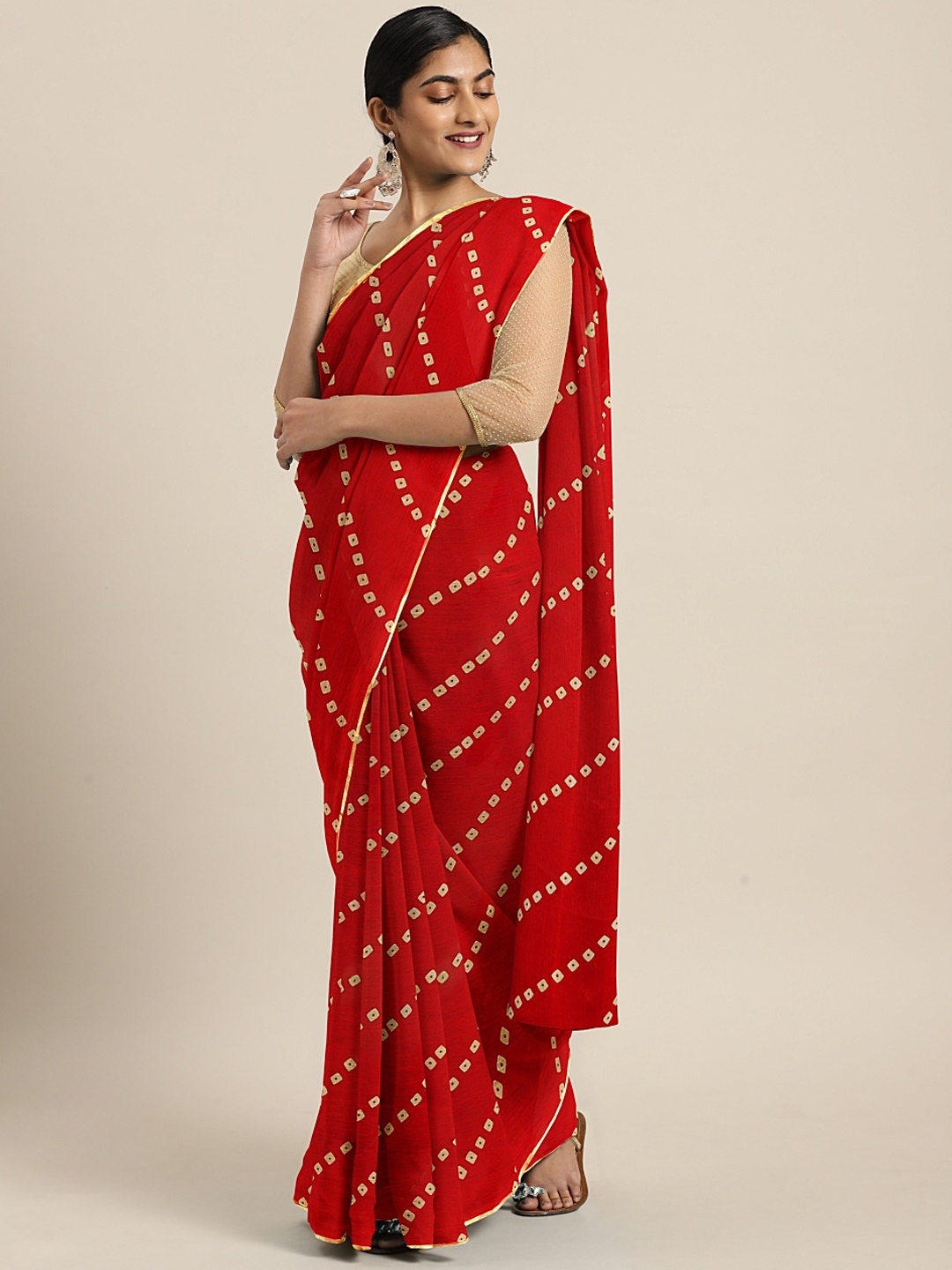 

KALINI Maroon & Off-White Poly Chiffon Printed Bandhani Saree