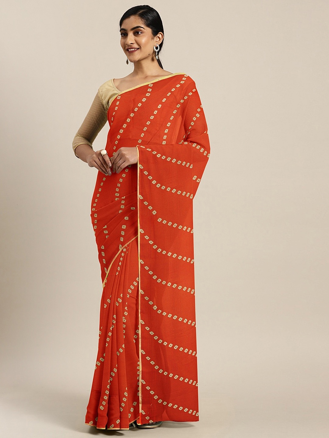 

KALINI Orange & Beige Poly Chiffon Printed Bandhani Saree