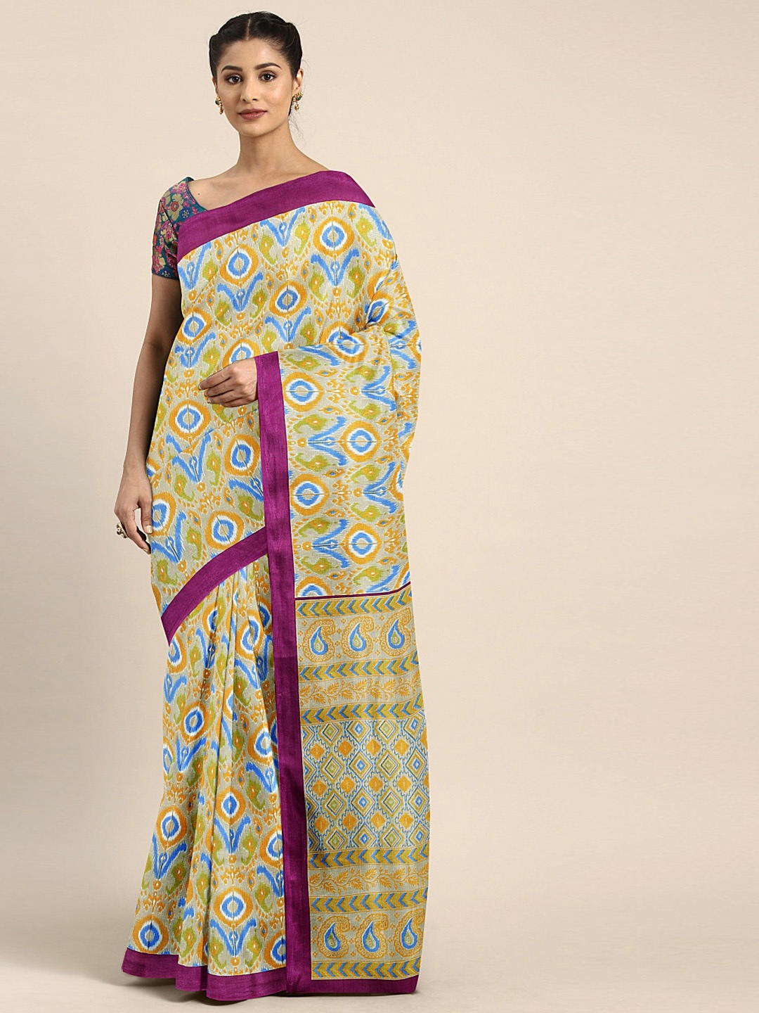 

KALINI Blue & Mustard Yellow Silk Blend Printed Ikat Saree