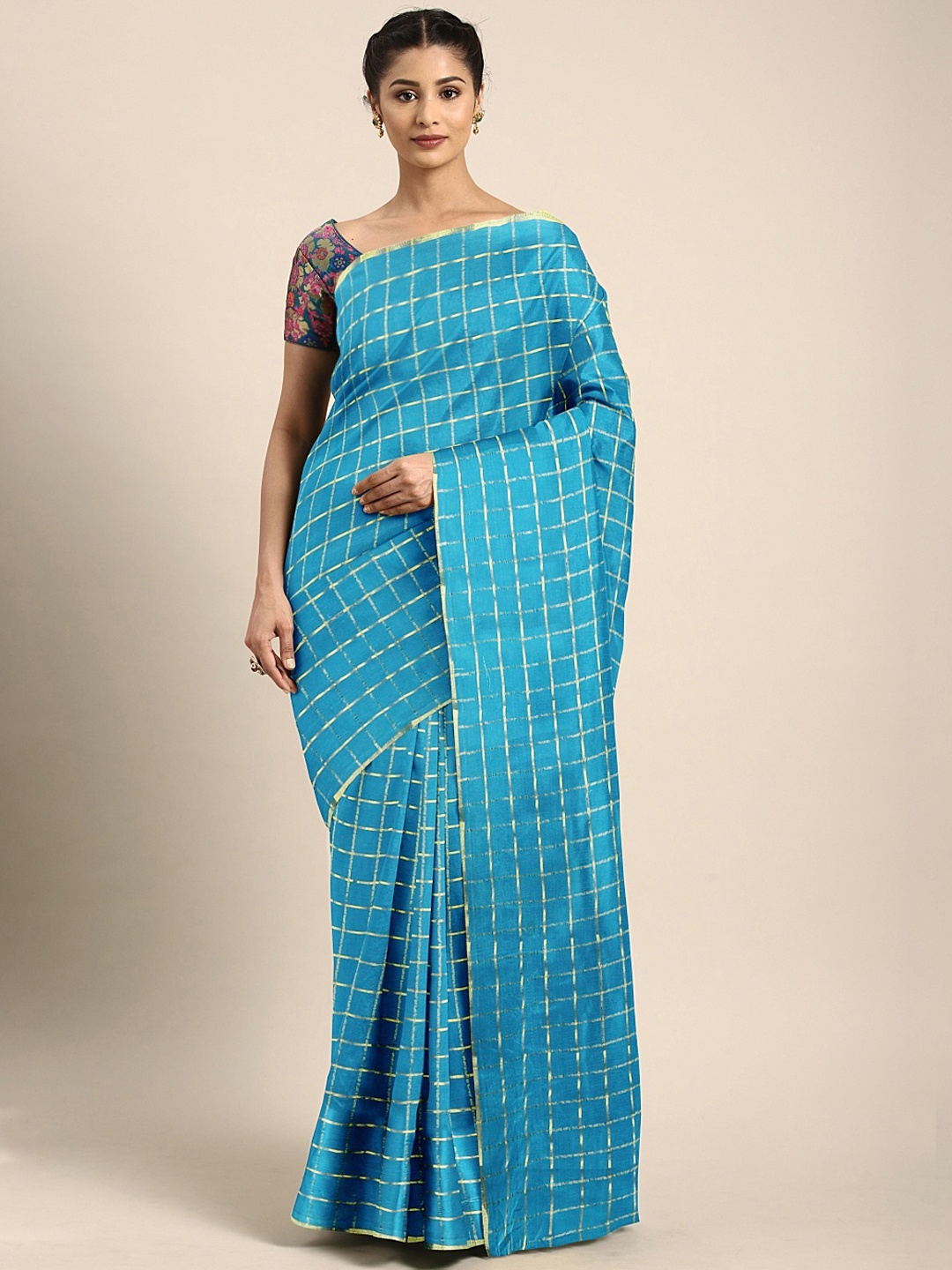 

KALINI Blue & Golden Poly Chiffon Checked Saree