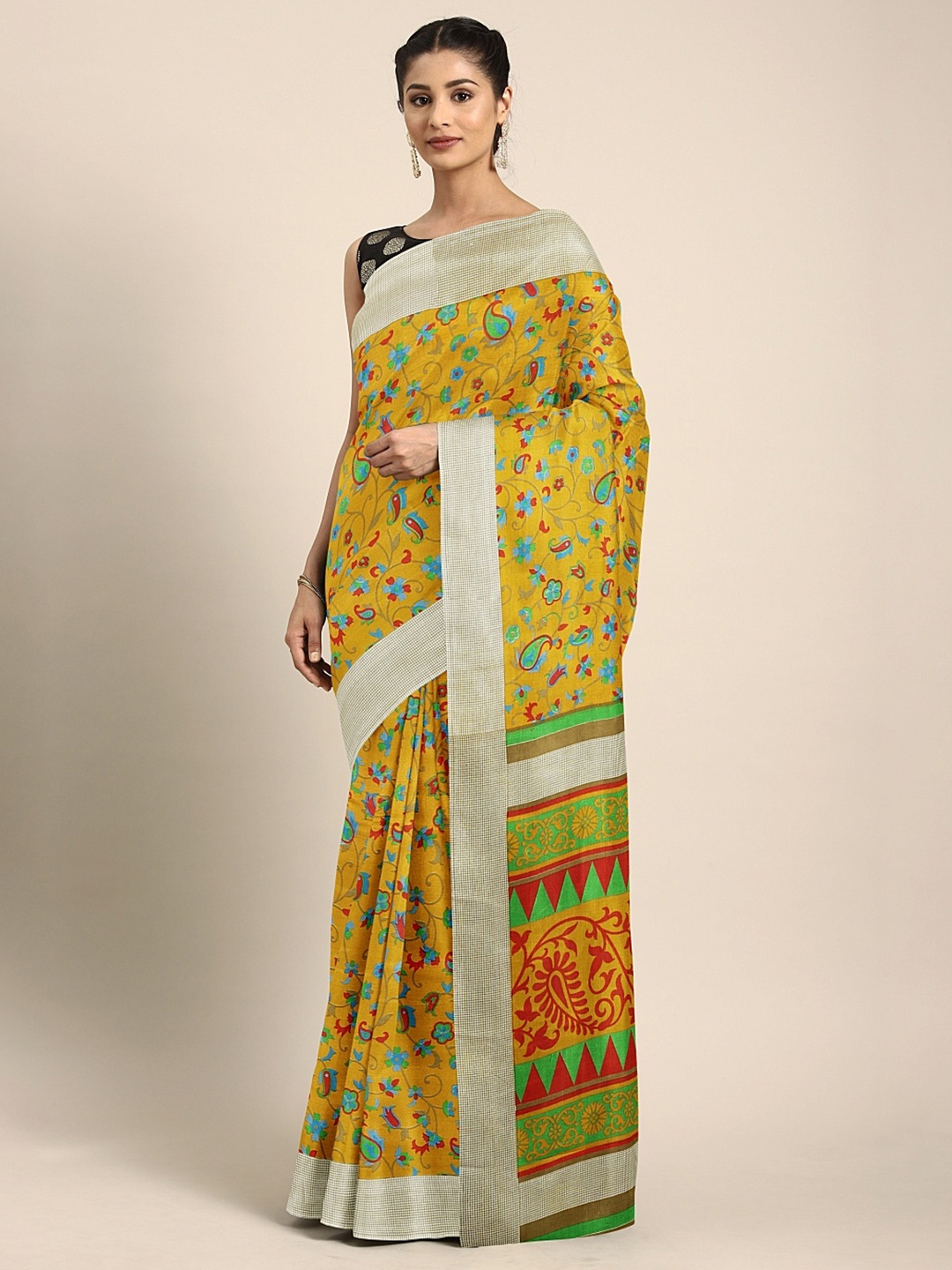 

KALINI Mustard Yellow Silk Blend Printed Kanjeevaram Saree