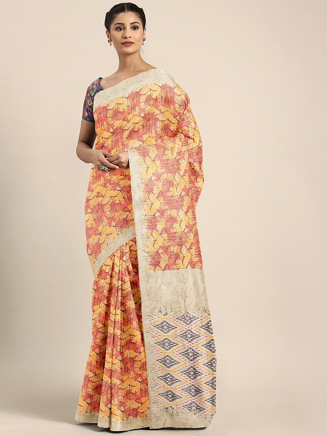 

KALINI Mustard Yellow & Beige Silk Blend Printed Malgudi Saree
