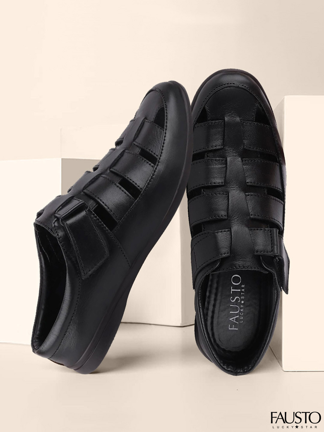 

FAUSTO Men Black Leather Fisherman Sandals