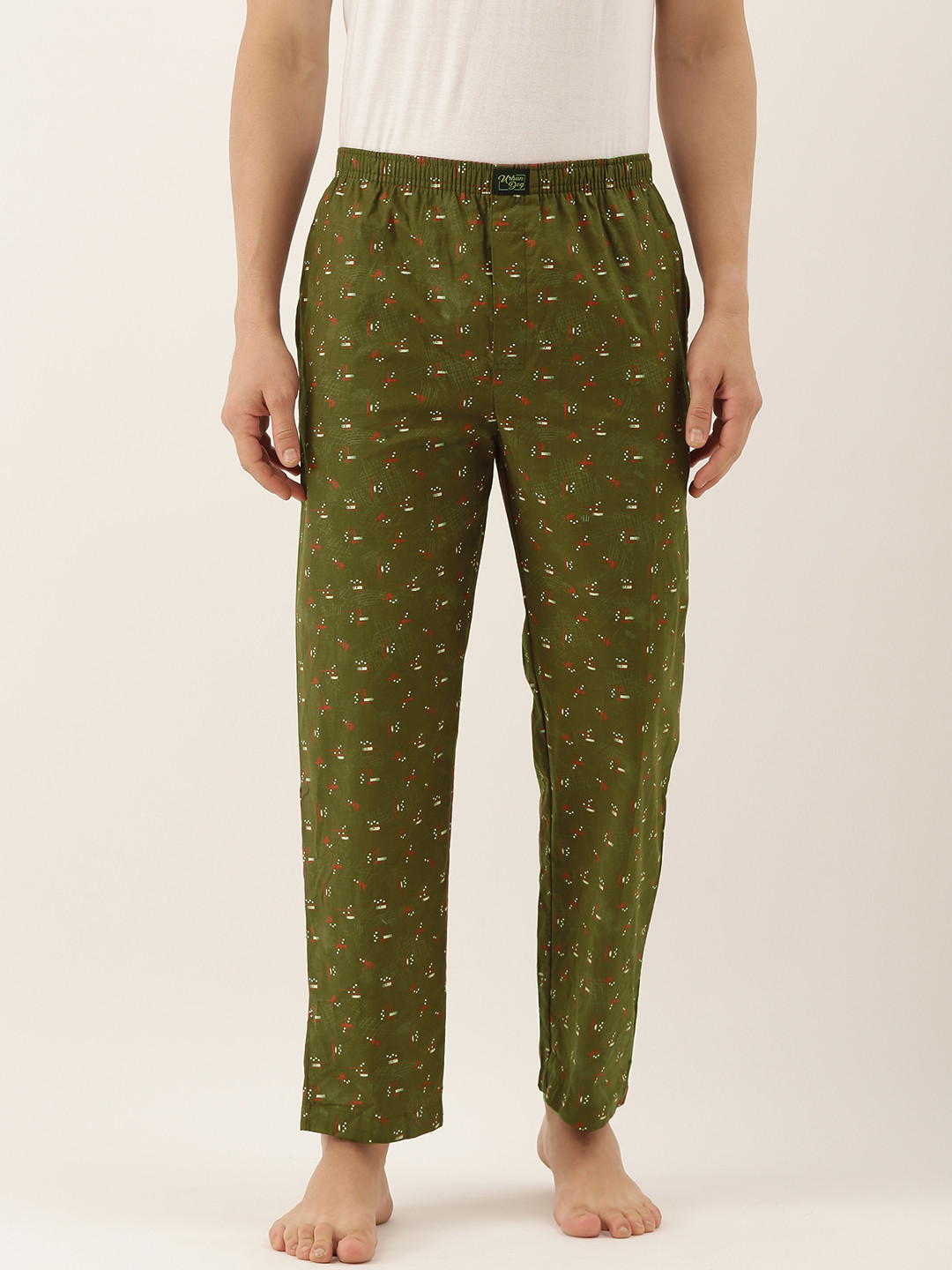 

Urban Dog Men Olive Green & White Geometric Printed Lounge Pants