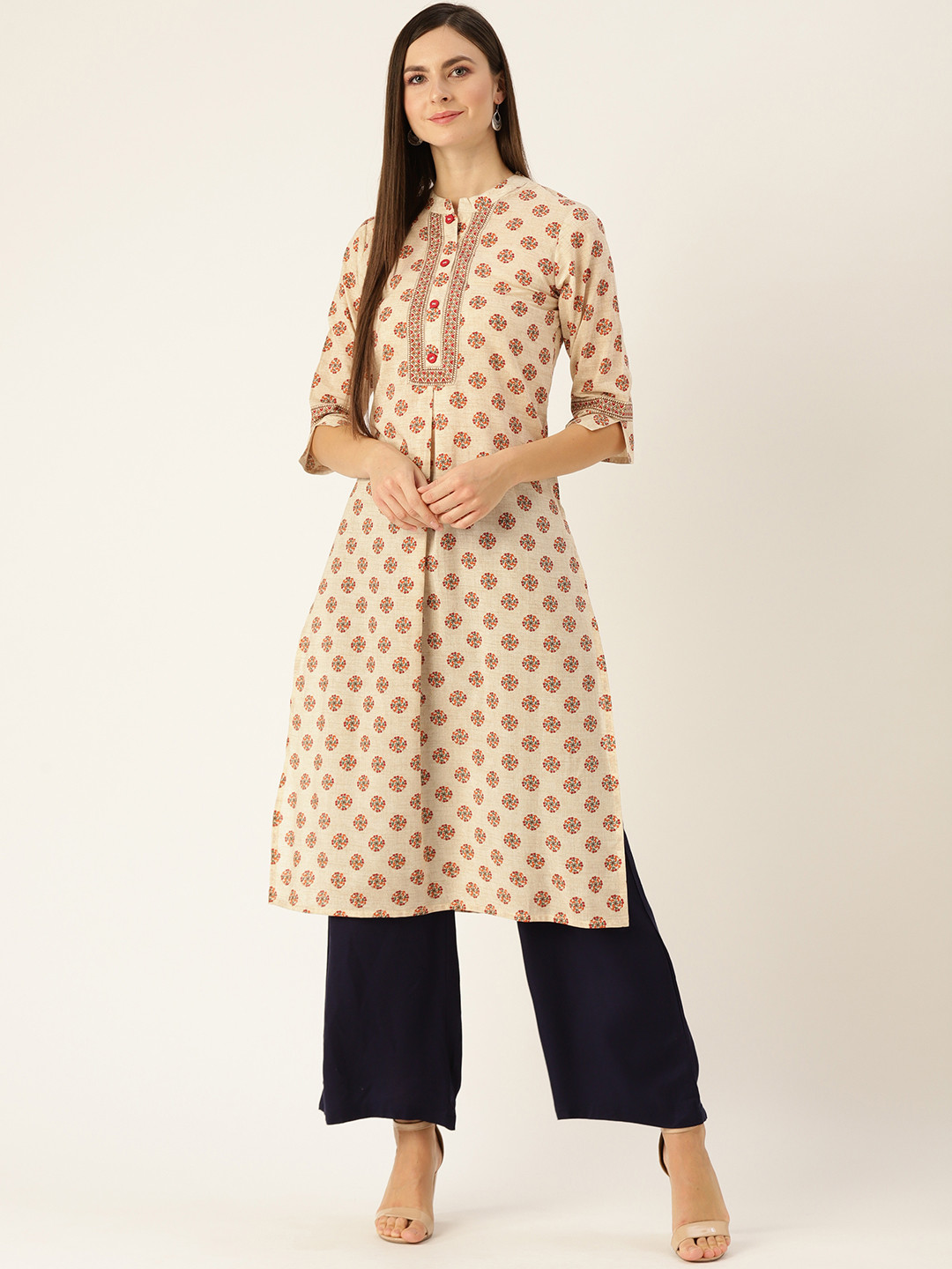 

Nayo Women Beige & Orange Printed Straight Kurta