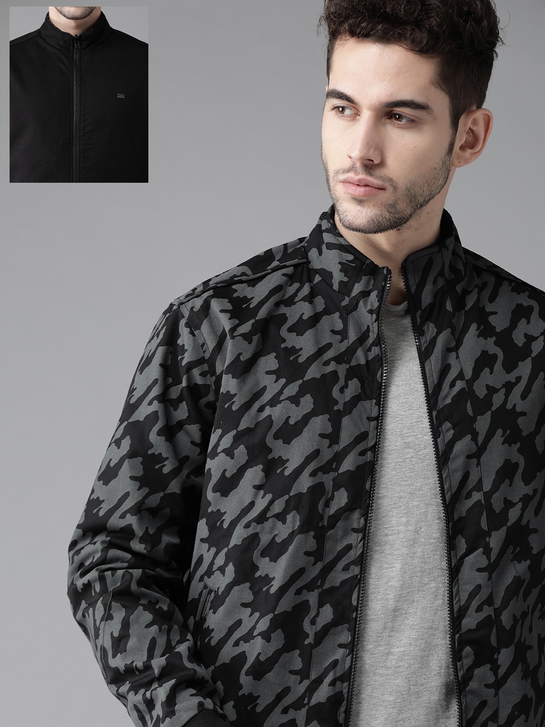 

Roadster Men Olive Green & Black Camouflage Printed Reversible Sustainable Bomber Jacket