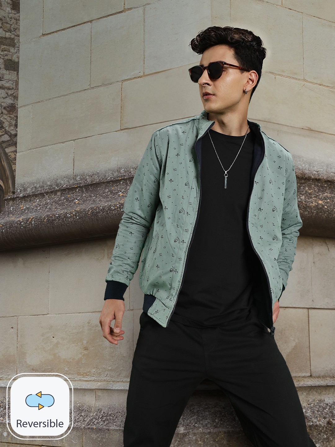 

Roadster Men Green & Navy Blue Printed Reversible Sustainable Bomber Jacket