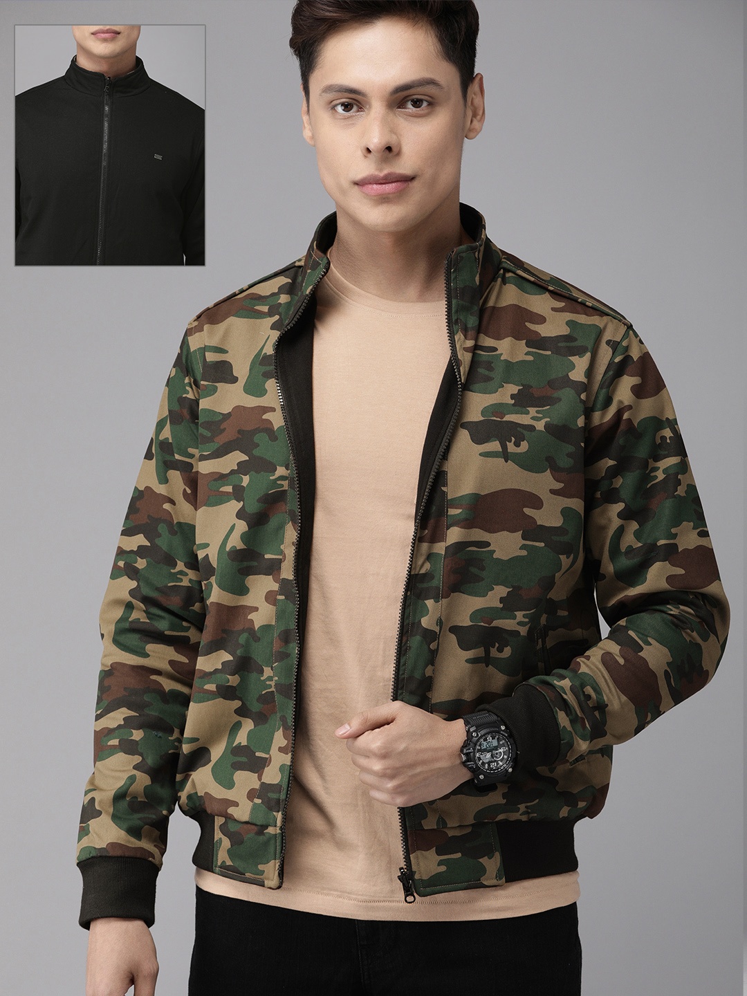 

Roadster Men Khaki & Olive Green Camouflage Printed Reversible Bomber