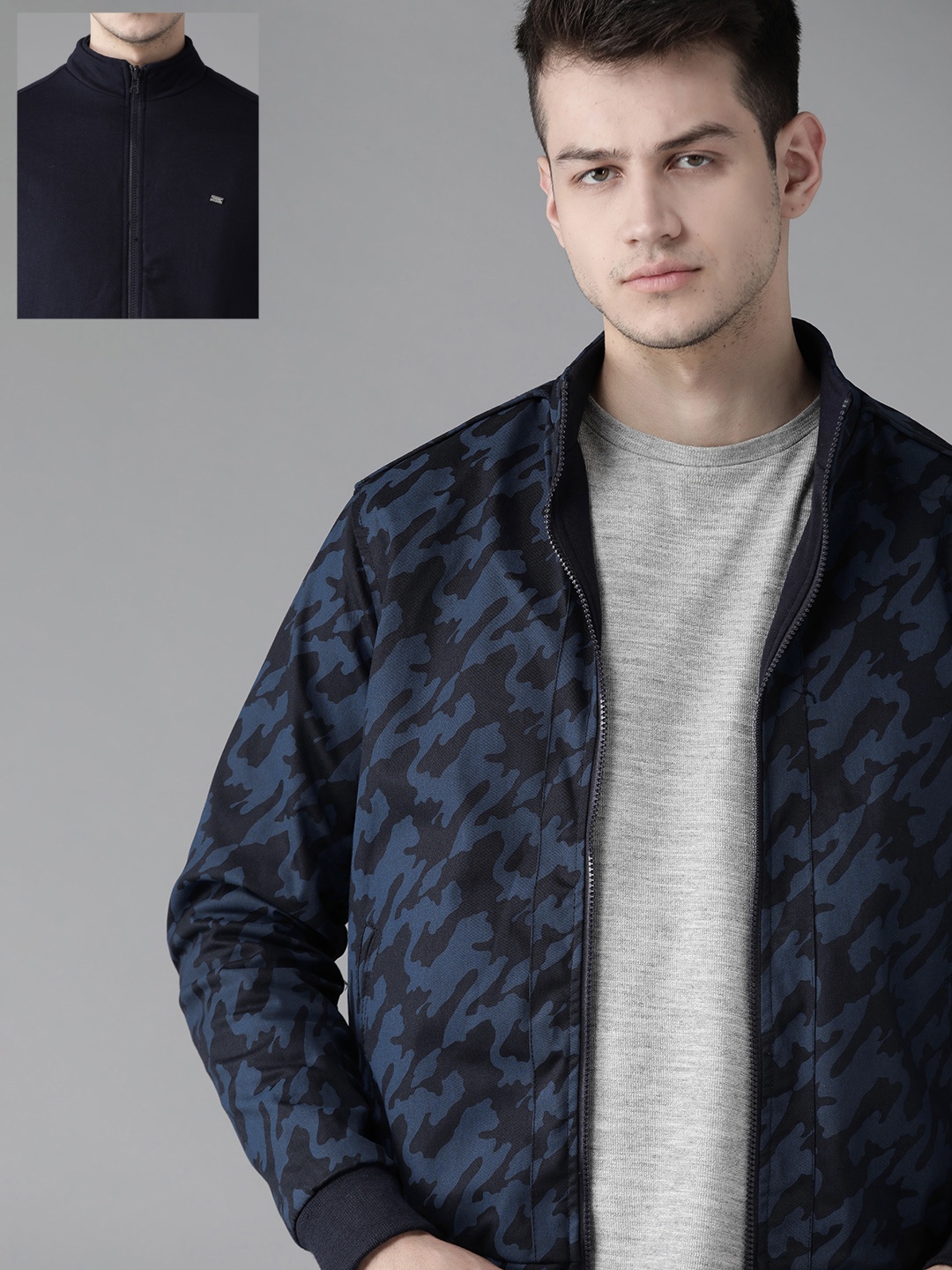 

Roadster Men Navy Blue & Black Camouflage Printed Reversible Bomber Jacket