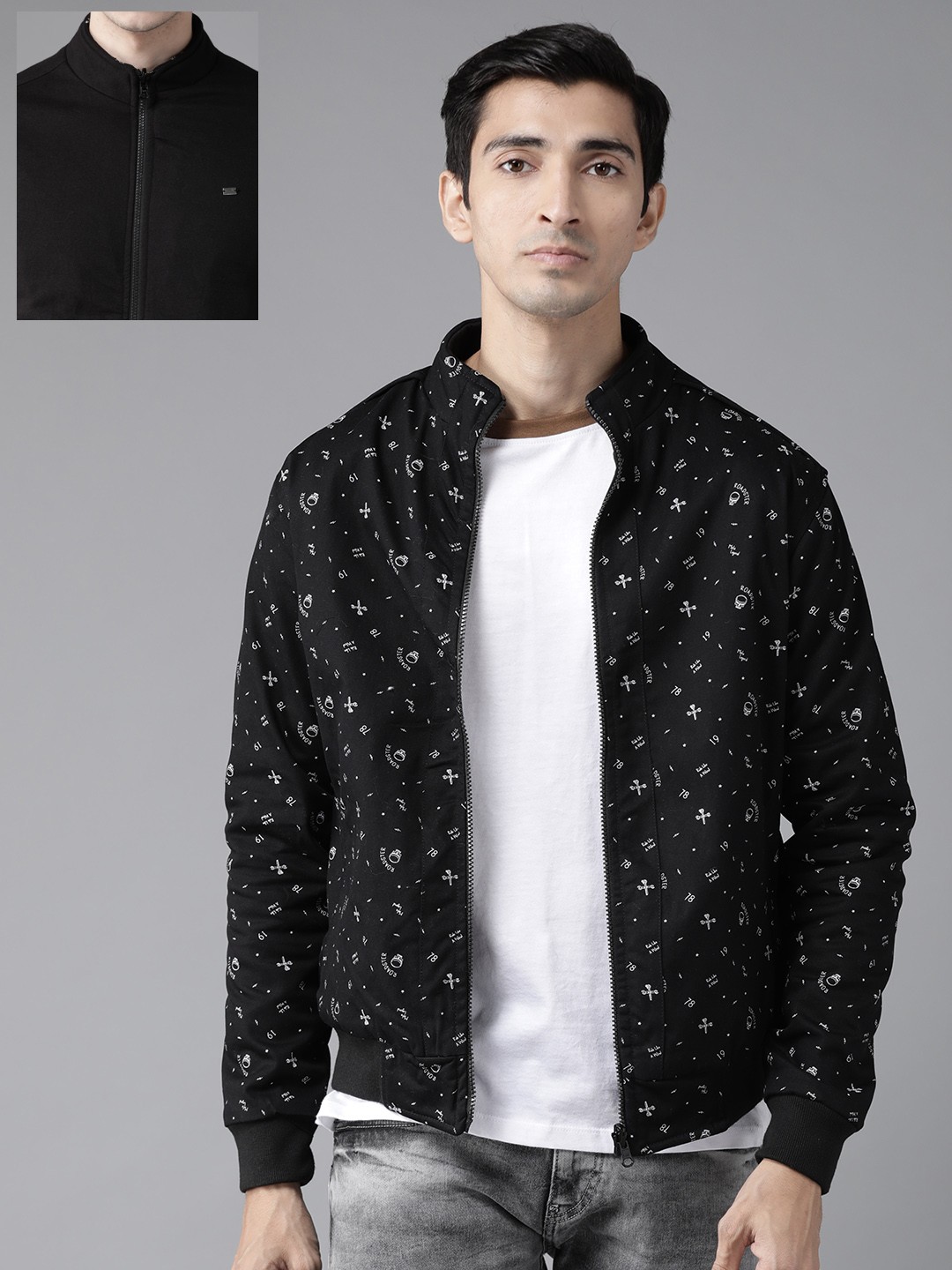 

Roadster Men Black & White Printed Reversible Bomber Jacket
