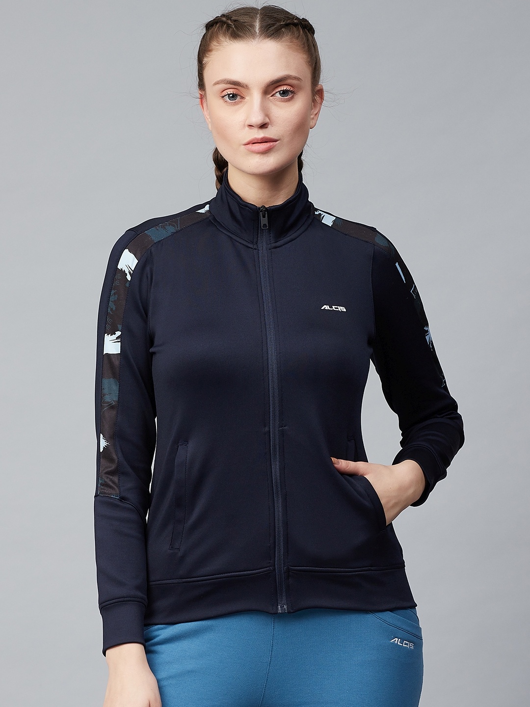

Alcis Women Navy Blue Solid Front-Open Sweatshirt With Printed Sleeves