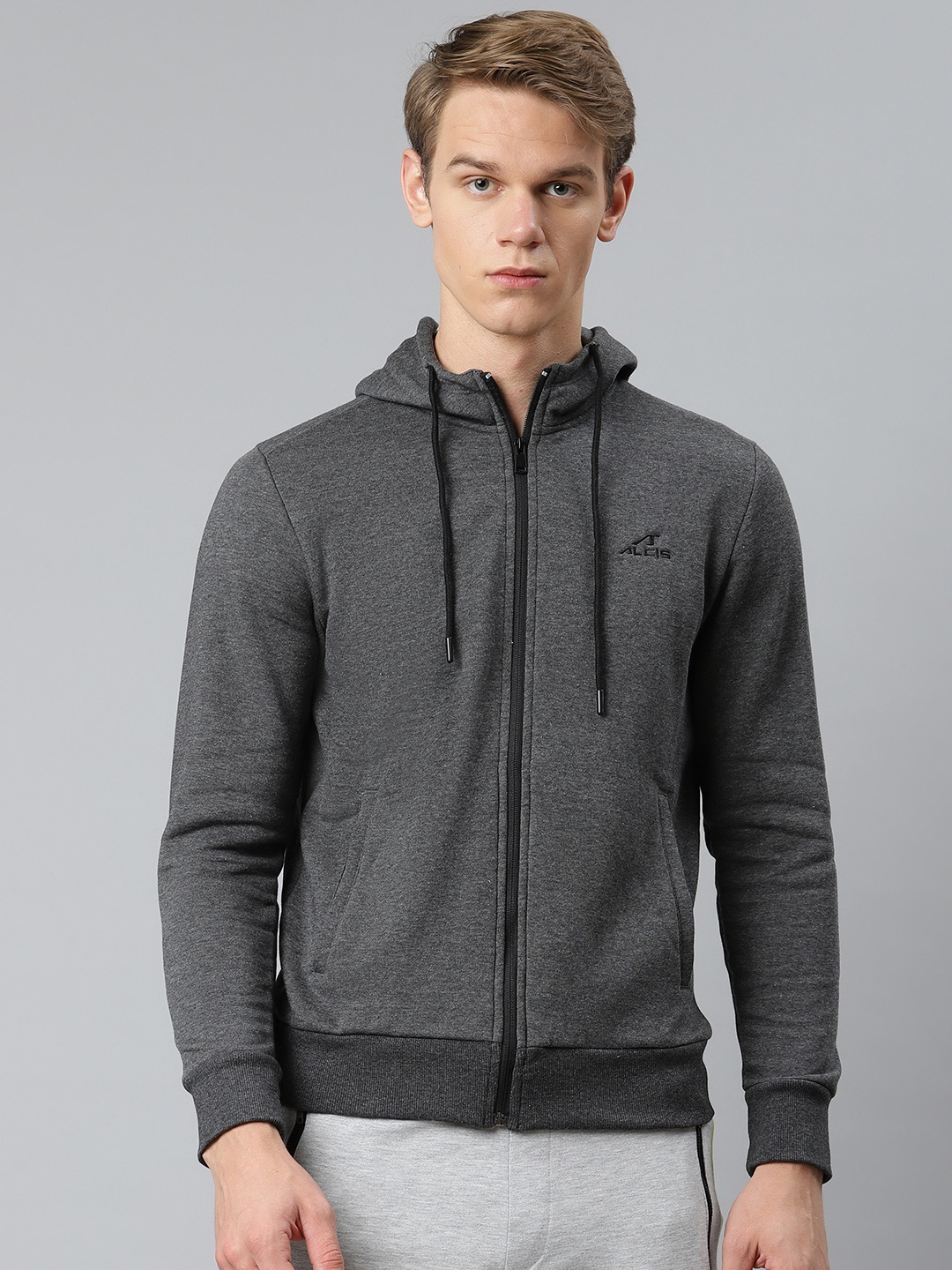 

Alcis Men Charcoal Grey Solid Hooded Front-Open Sweatshirt