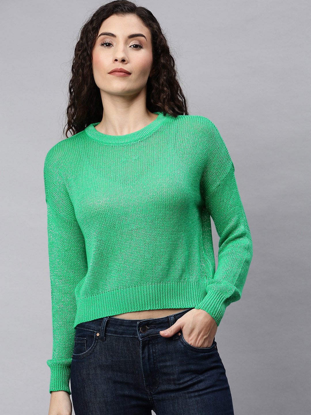 

ONLY Women Green Solid Pullover Crop Sweater