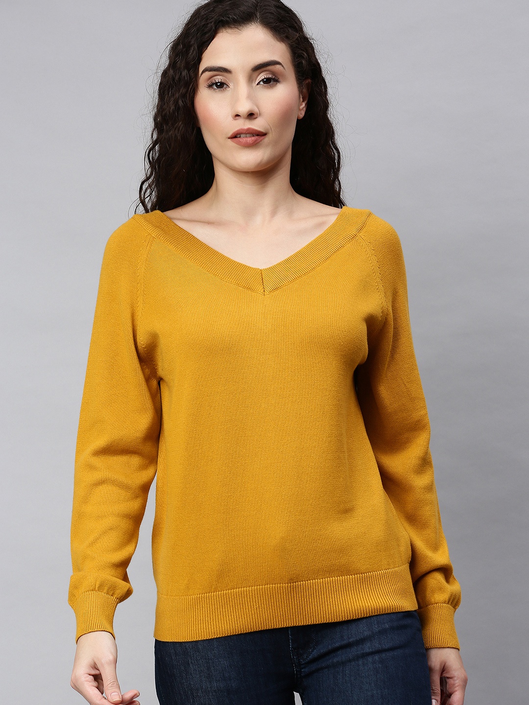 

ONLY Women Mustard Yellow Solid Cotton Pullover Sweater