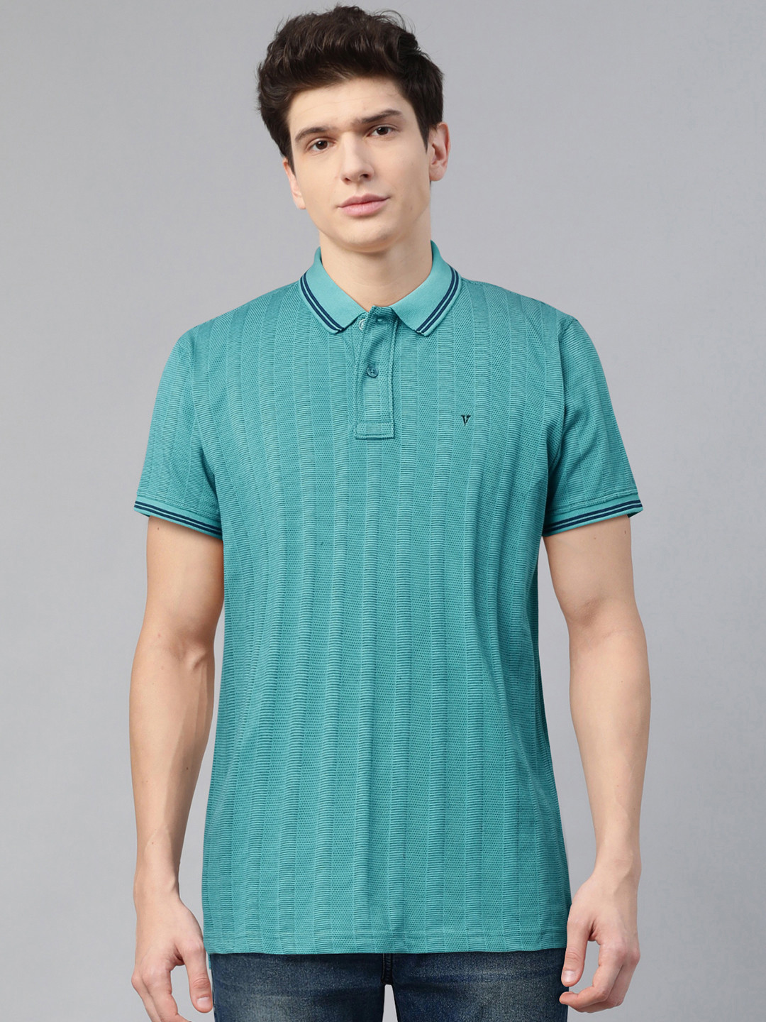 

Van Heusen Sport Men Turquoise Blue Self Striped Polo Collar T-shirt