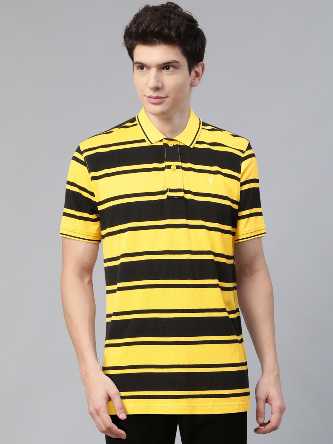 

Van Heusen Sport Men Yellow & Black Striped Polo Collar T-shirt