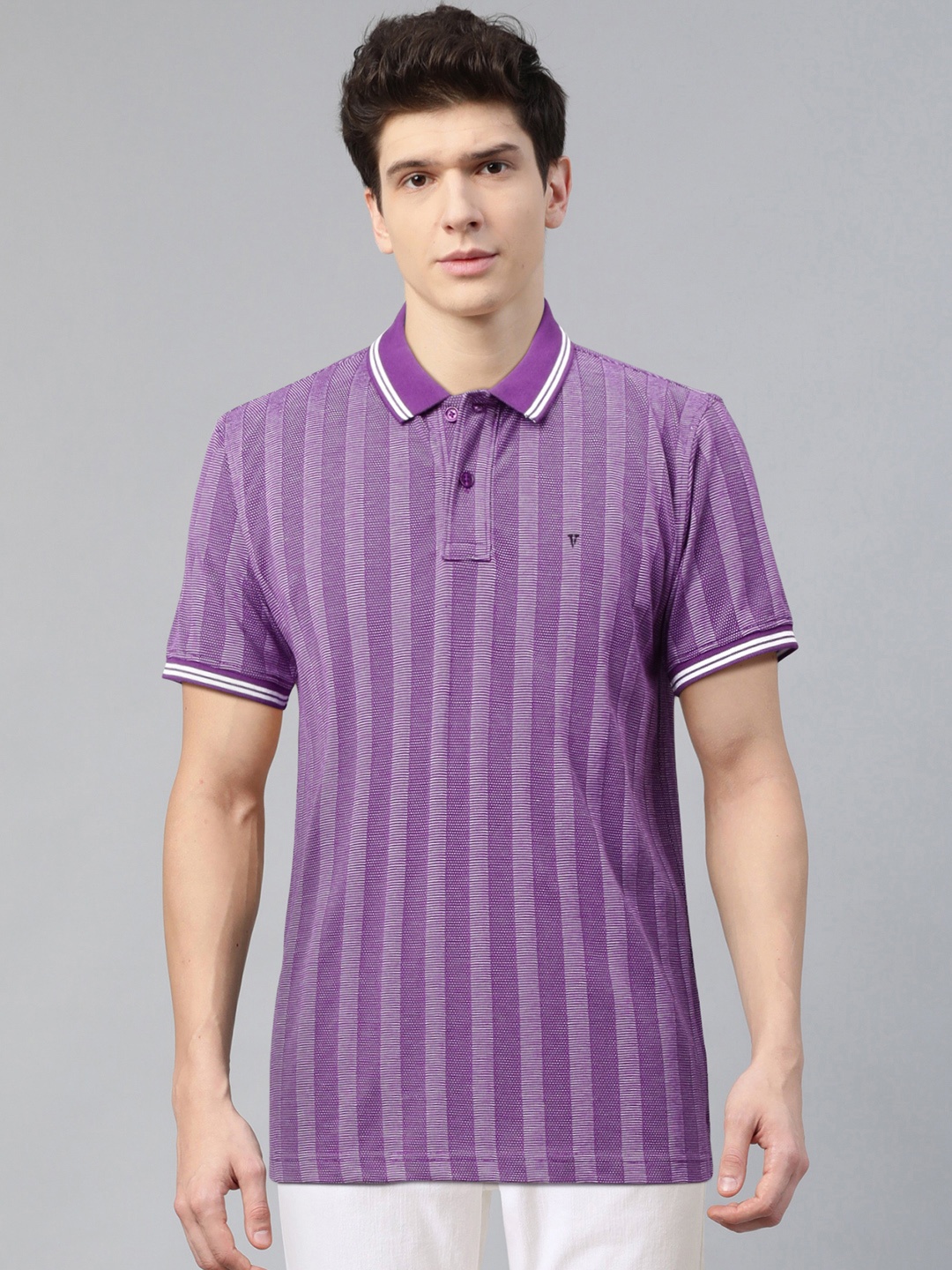 

Van Heusen Sport Men Purple & White Self Striped Polo Collar T-shirt