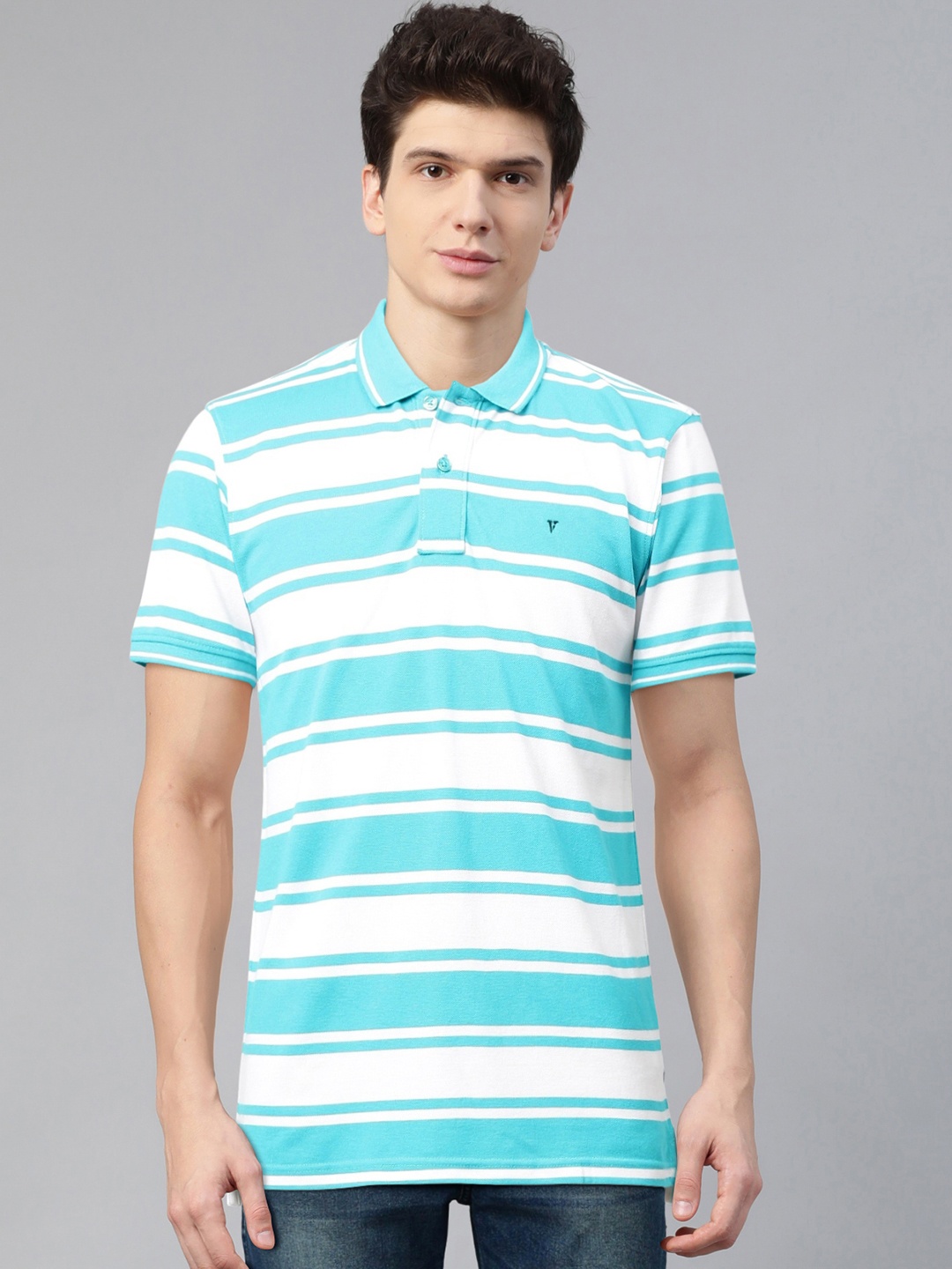 

Van Heusen Sport Men White & Blue Striped Polo Collar T-shirt