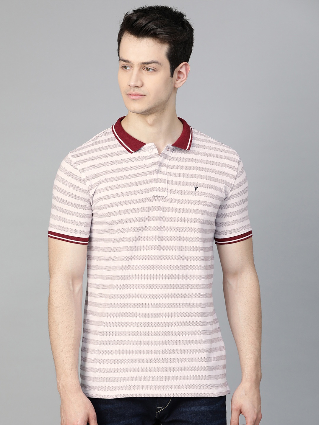 

Van Heusen Sport Men White & Maroon Striped Polo Collar T-shirt