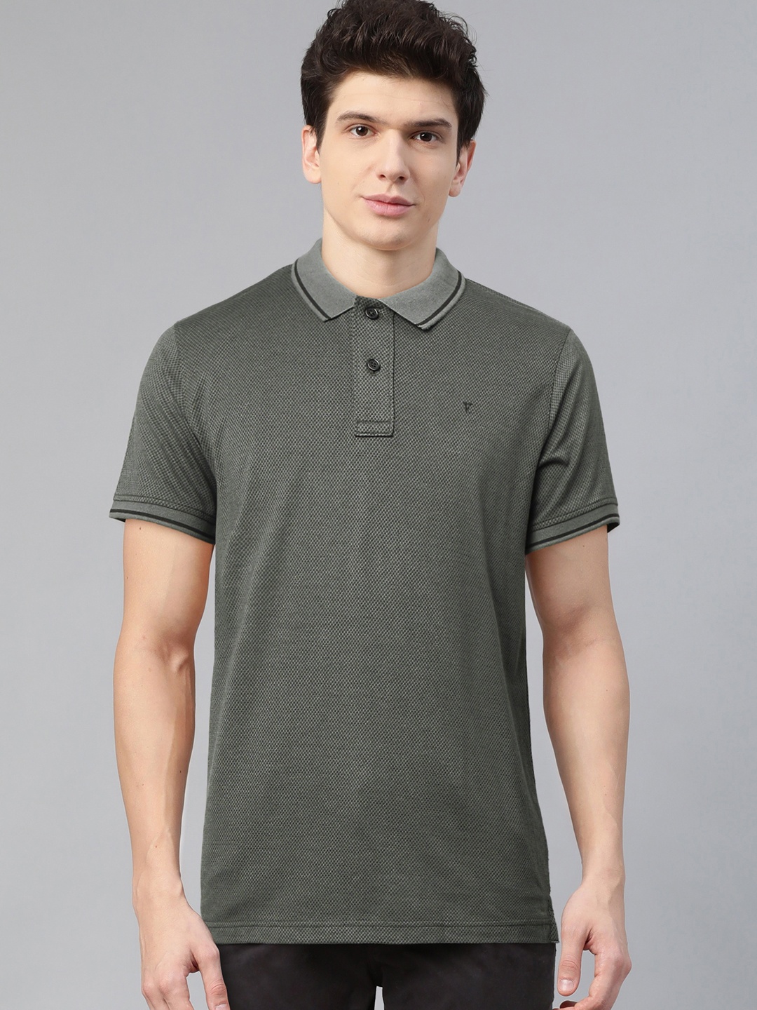

Van Heusen Sport Men Charcoal Grey & Black Self Design Polo Collar T-shirt