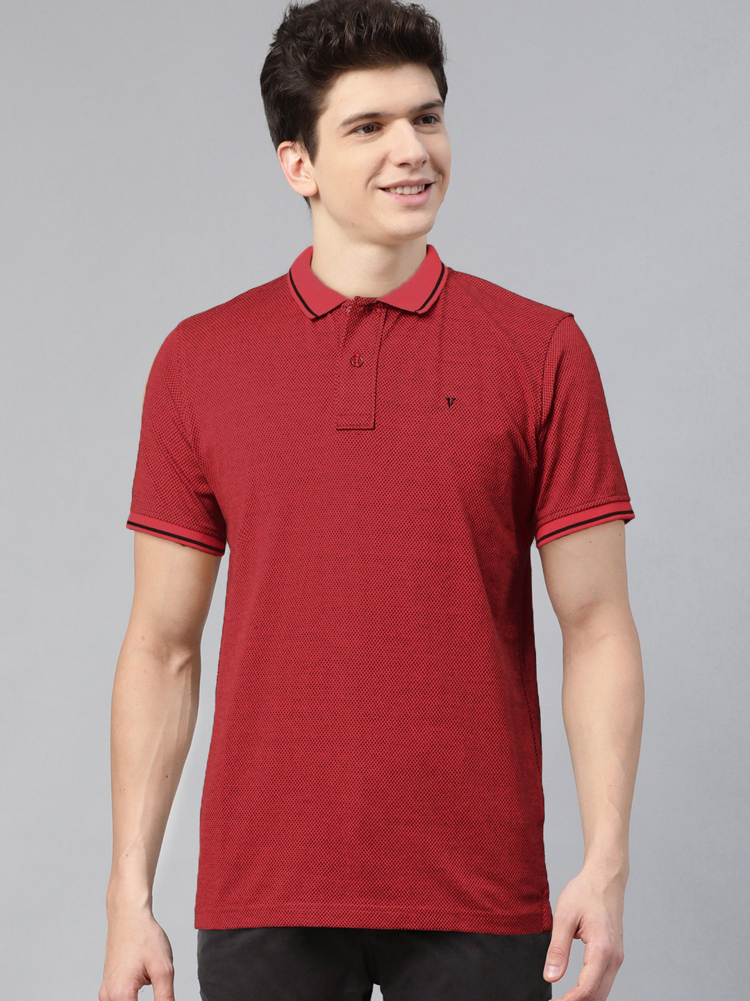 

Van Heusen Sport Men Red & Black Self Design Polo Collar T-shirt