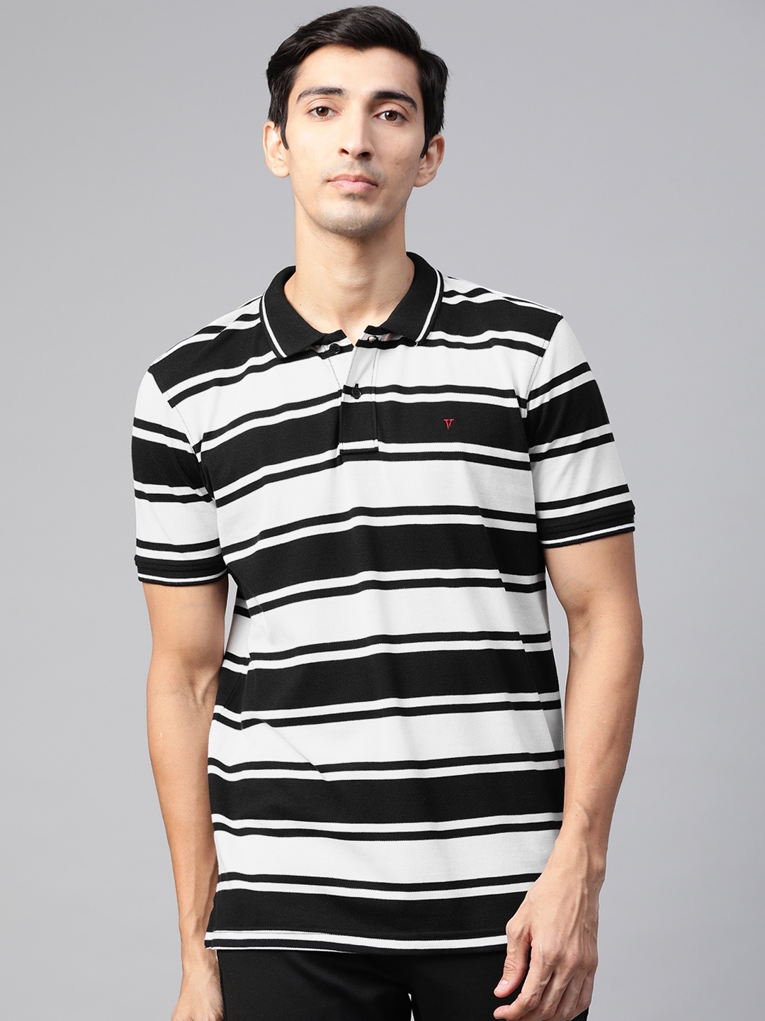 

Van Heusen Sport Men Black & White Striped Polo Collar T-shirt