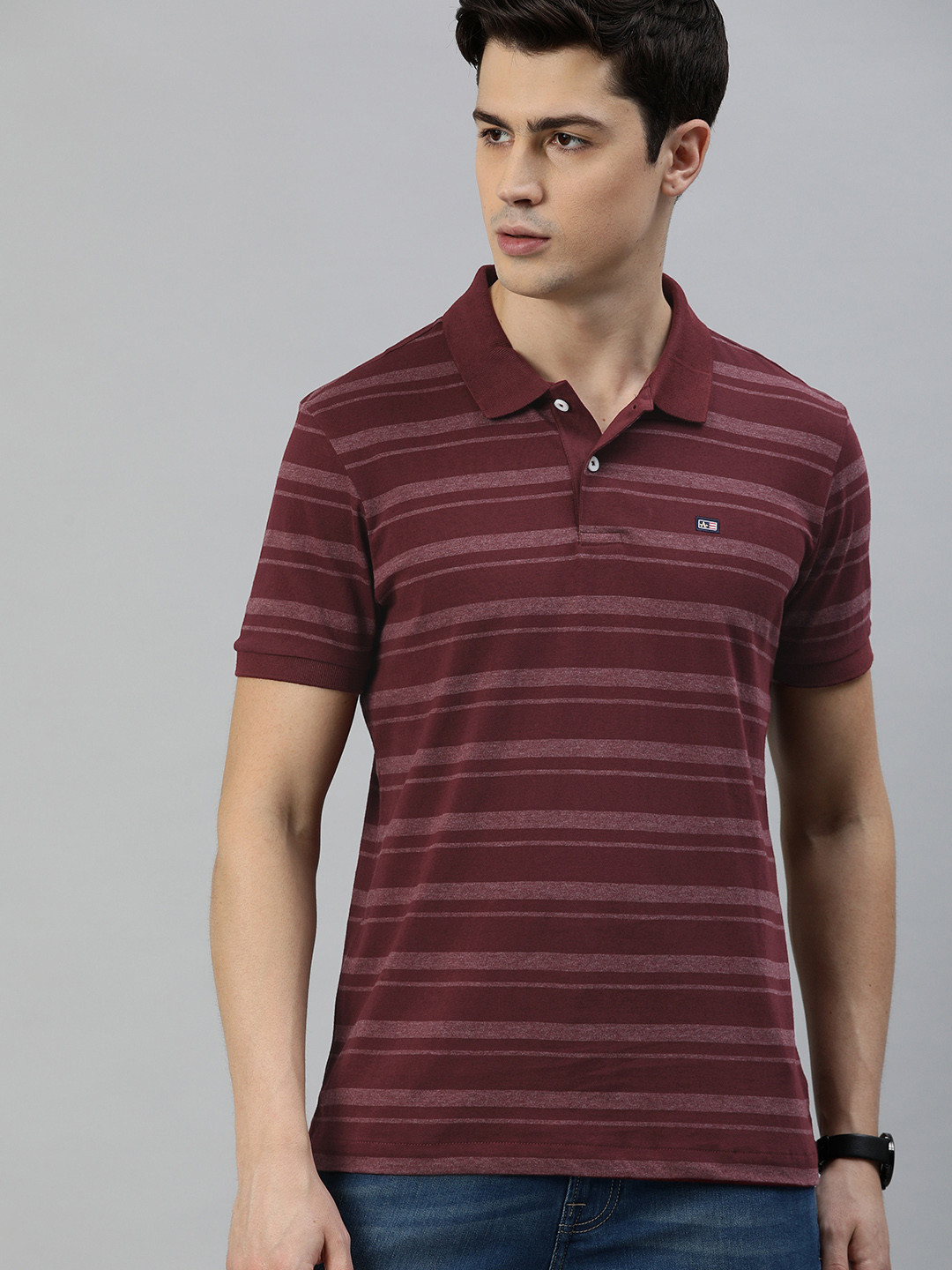 

Arrow Sport Men Maroon Striped Polo Collar T-shirt