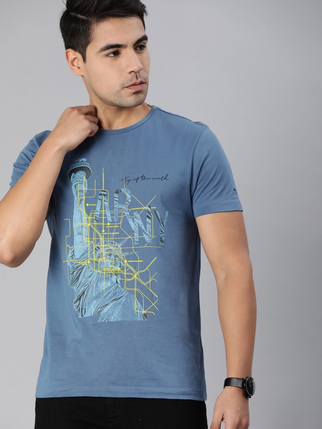 

Arrow New York Men Blue Printed Round Neck Pure Cotton T-shirt