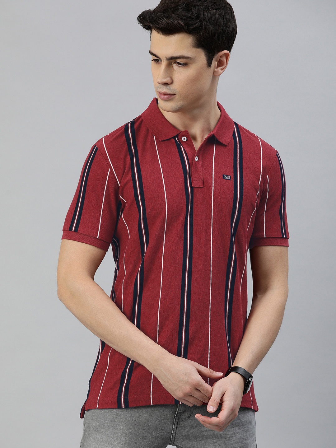 

Arrow Sport Men Red & Navy Blue Striped Polo Collar T-shirt