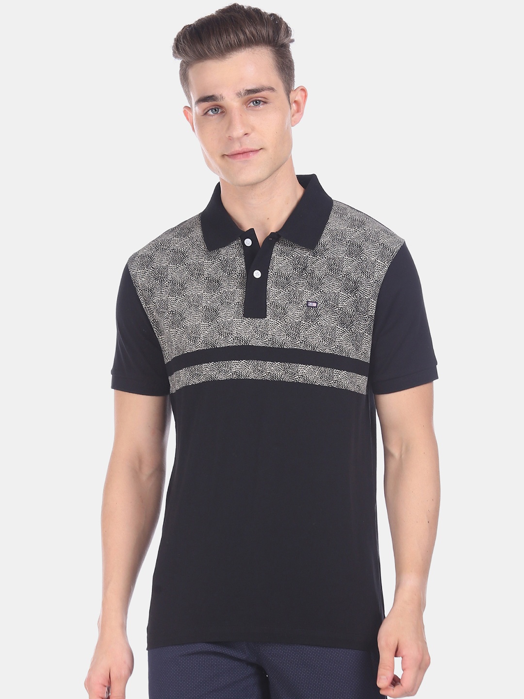 

Arrow Sport Men Black & Grey Colourblocked Polo Collar T-shirt