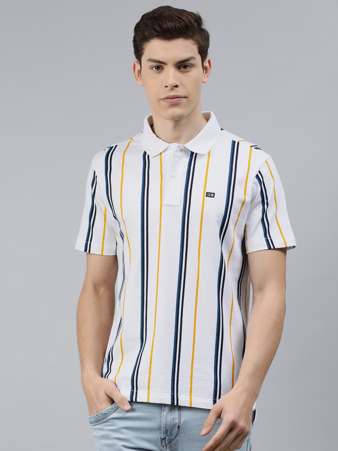 

Arrow Sport Men White Striped Polo Collar T-shirt