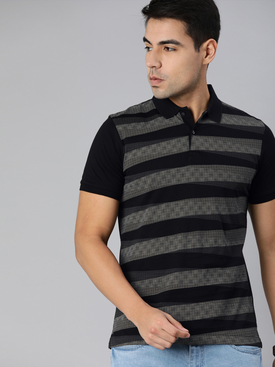 

Arrow New York Men Black Grey Striped Polo Collar Pure Cotton T-shirt