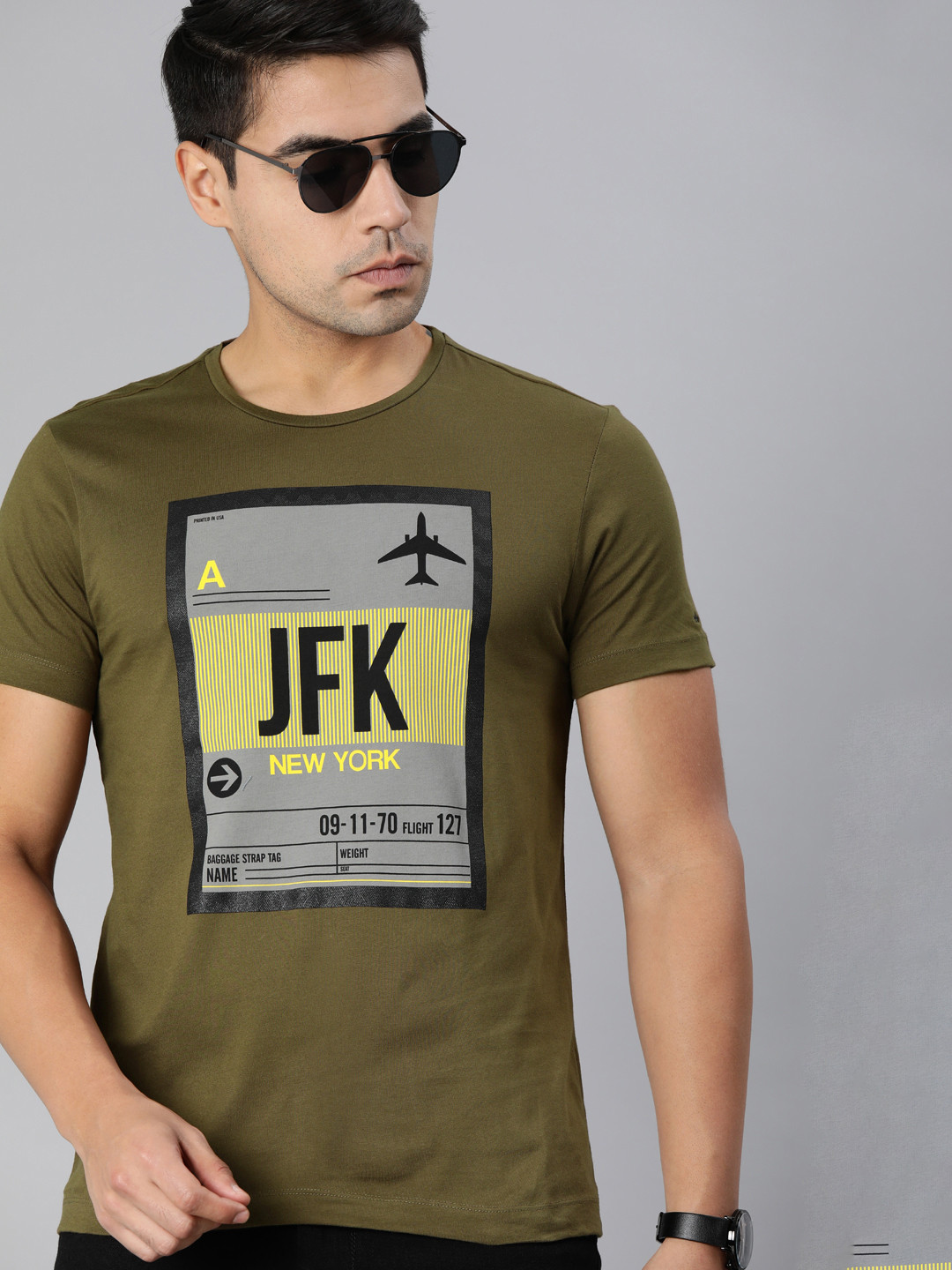 

Arrow New York Men Olive Green Printed Round Neck Pure Cotton T-shirt