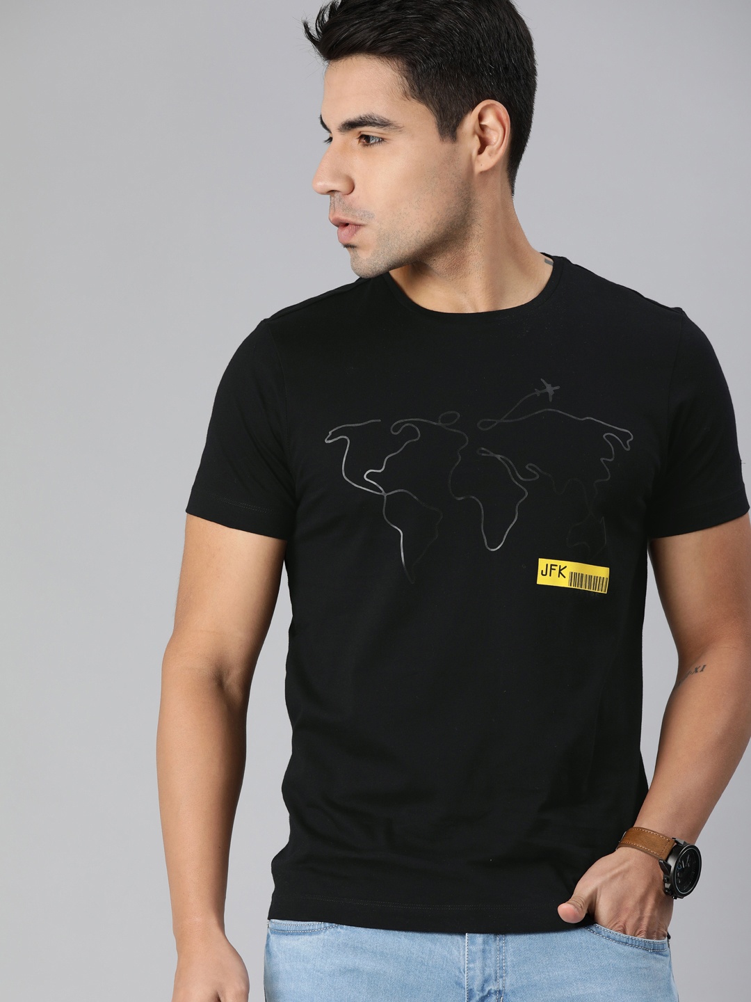 

Arrow New York Men Black Printed Round Neck Pure Cotton T-shirt