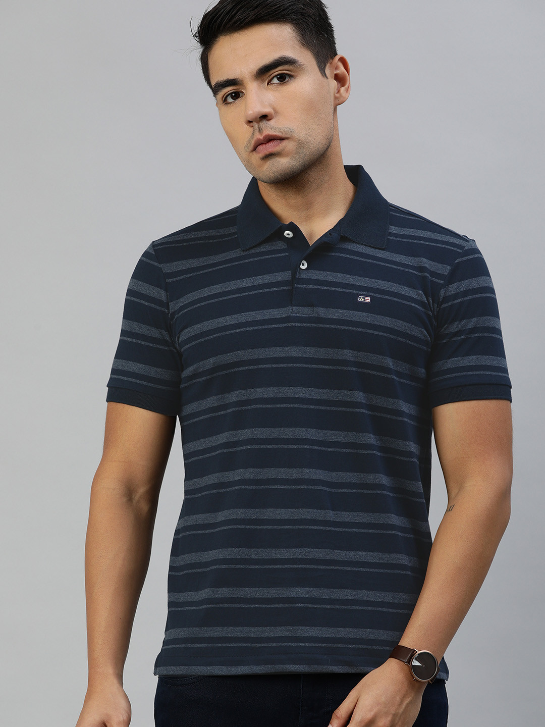 

Arrow Sport Men Navy Blue Striped Polo Collar T-shirt