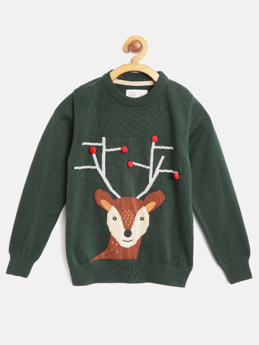 

Cherry Crumble Boys and Girls Green Intarsia Knitting Holiday Pom Pom Sweater